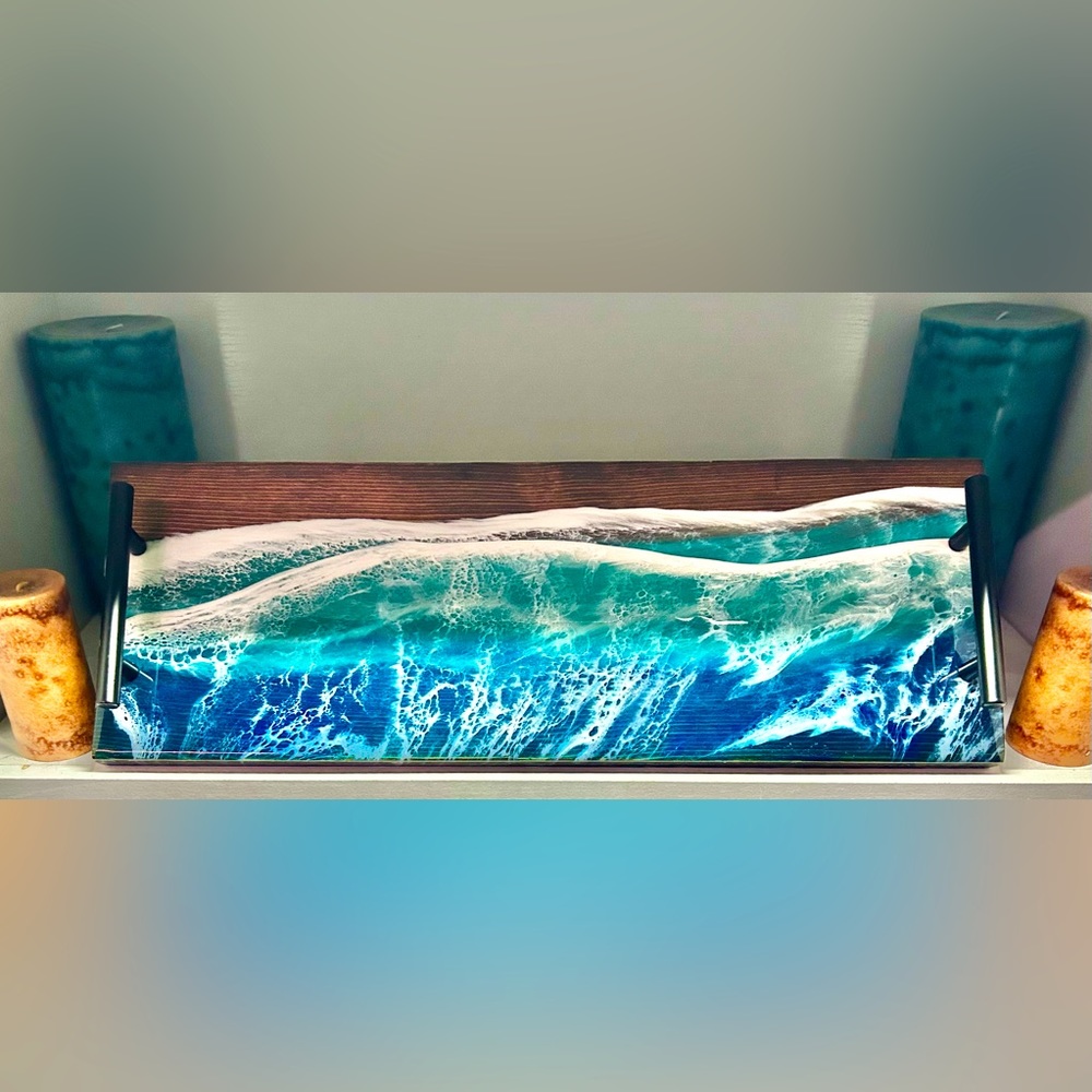 NWO Tags:Large Ocean Wave Maple & Epoxy Resin Charcuterie Board w/Black Handles.